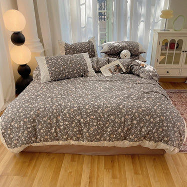 Brown White Korean Vintage Floral Duvet Cover Set, 100% Cotton Bedding Set